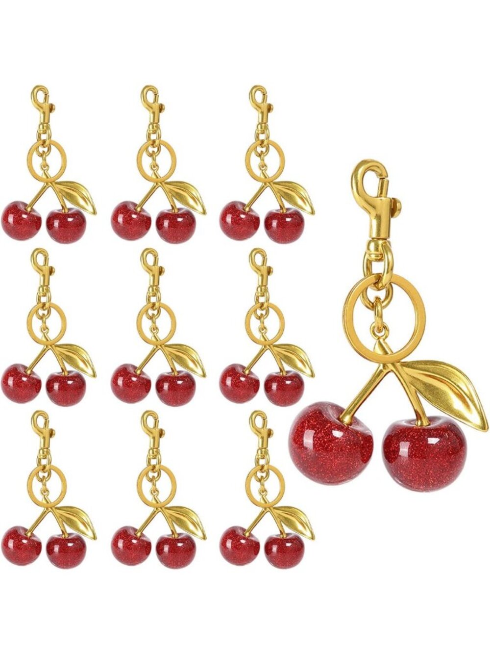 10PCS Cherry Keychain Set - Sparkling Resin & Metal Bag Charms, Clip-On